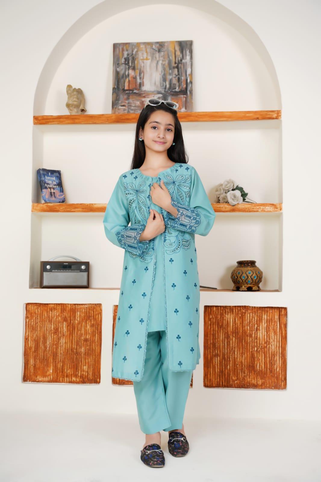 Aqua Bloom  02 PC  Embroidered