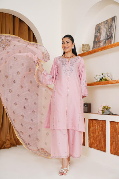 Pink Veil  03 PC  Embroidered
