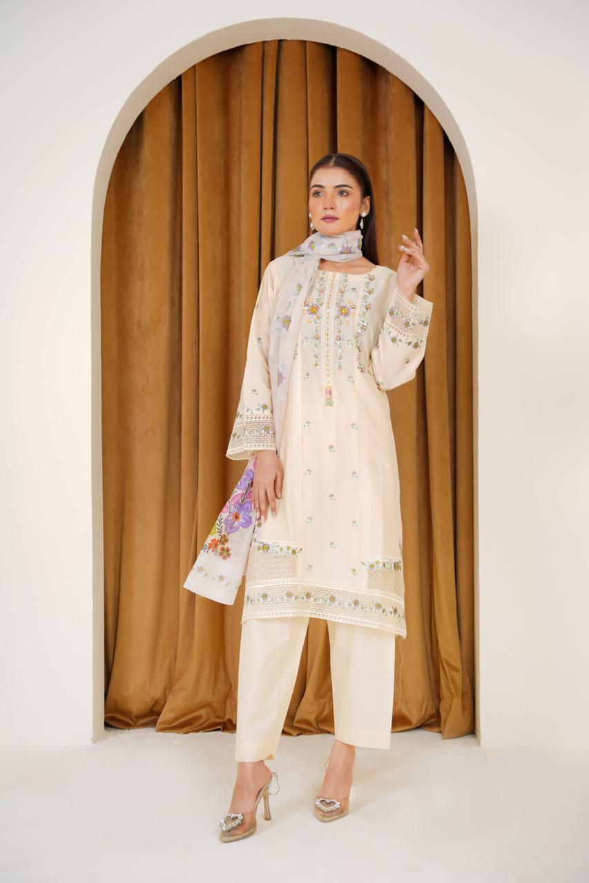Cream Whisper  03 PC  Embroidered