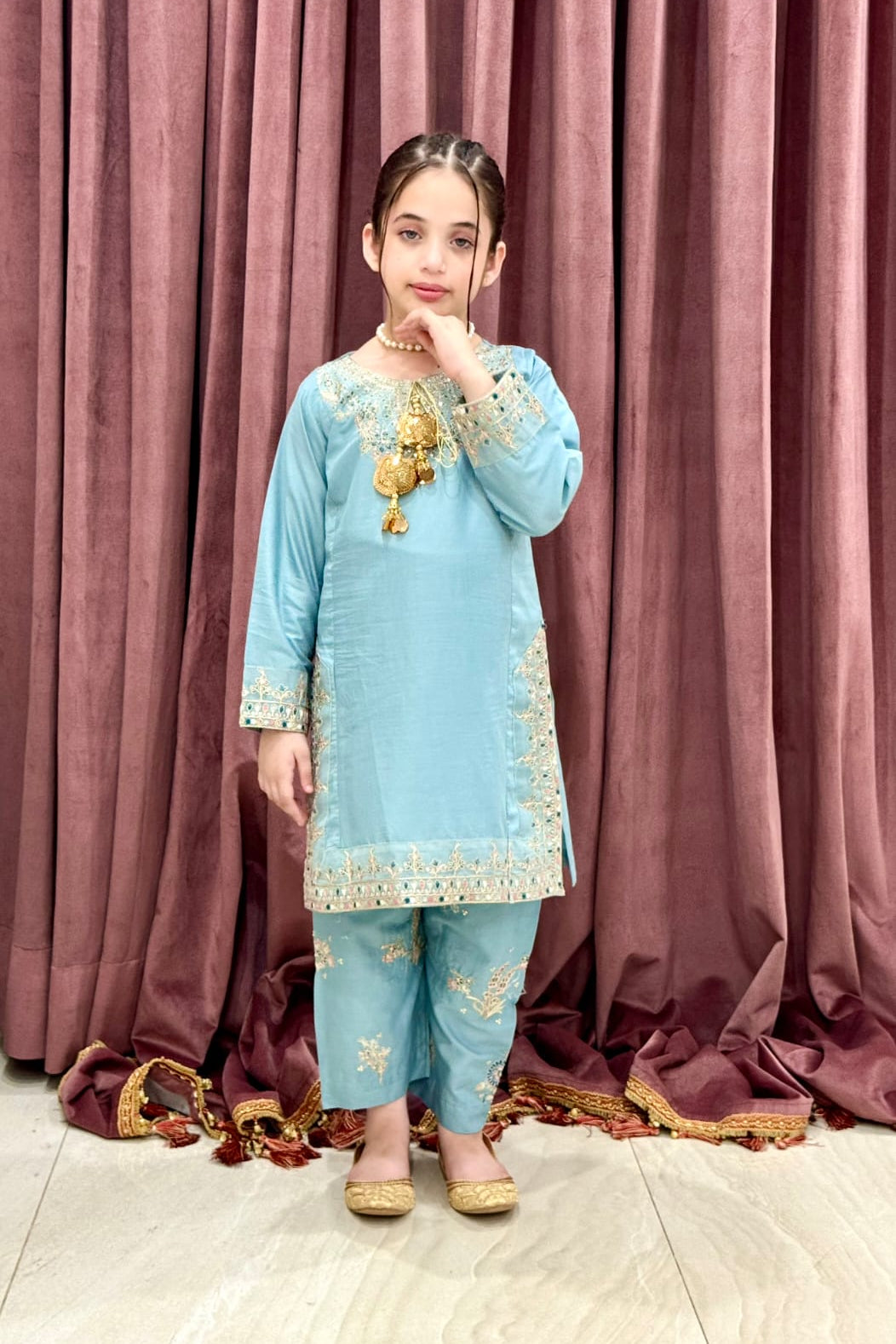 sky blue Petal  02 PC  Embroidered