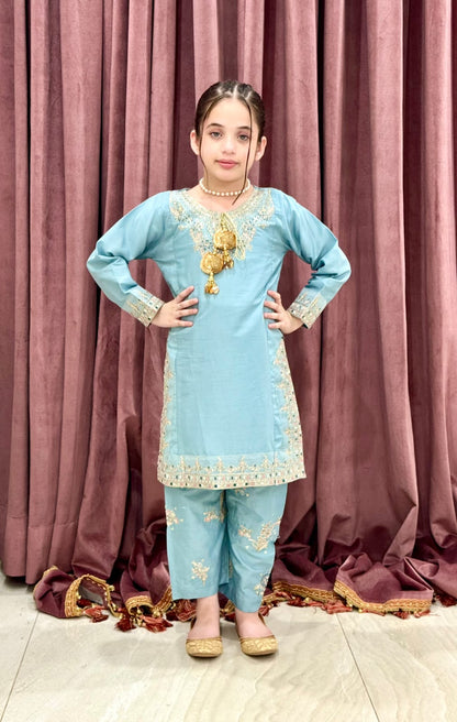 sky blue Petal  02 PC  Embroidered