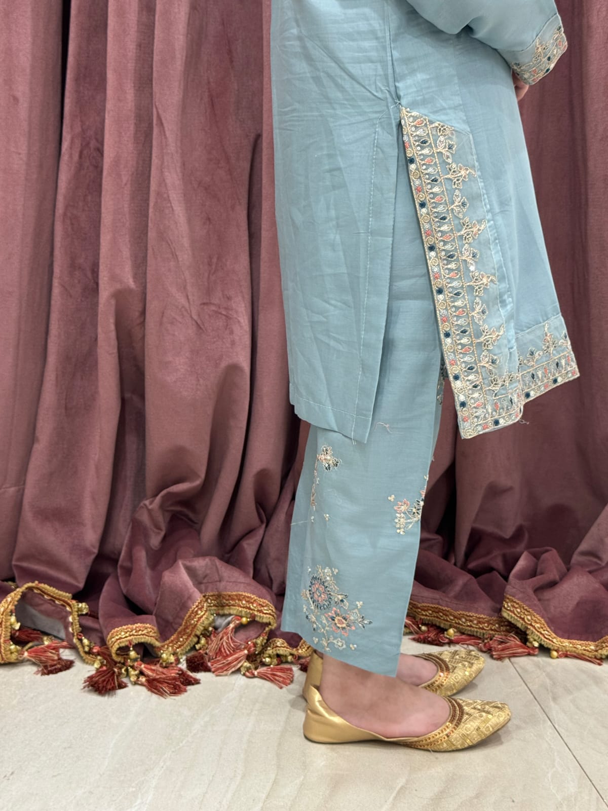 sky blue Petal  02 PC  Embroidered