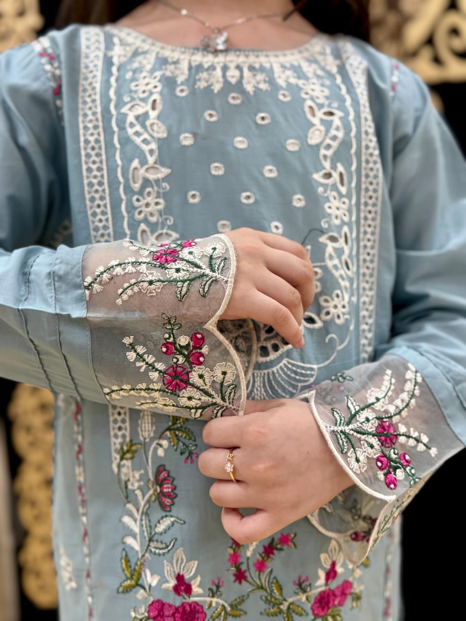 Sky Blue Pearl  02 PC  Embroidered