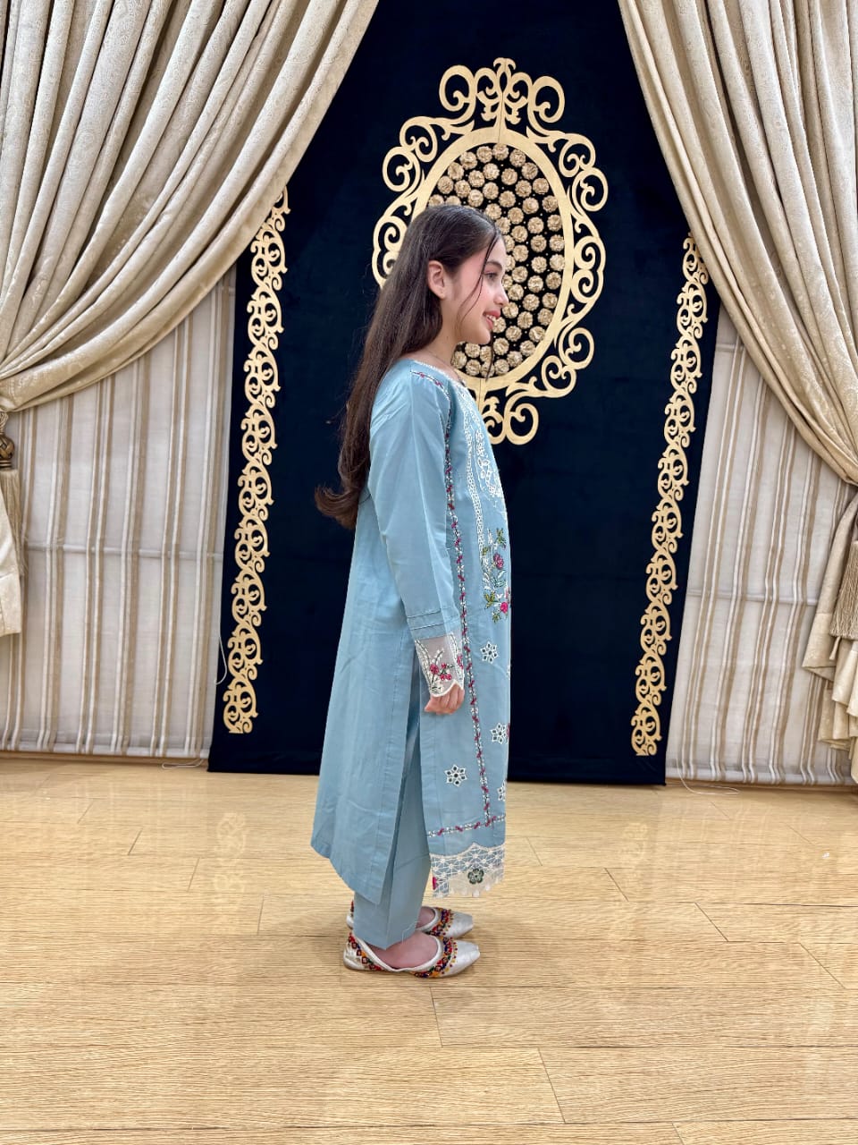 Sky Blue Pearl  02 PC  Embroidered