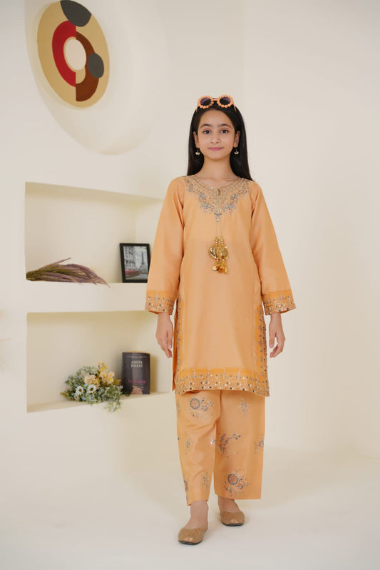 Peach Petal  02 PC  Embroidered