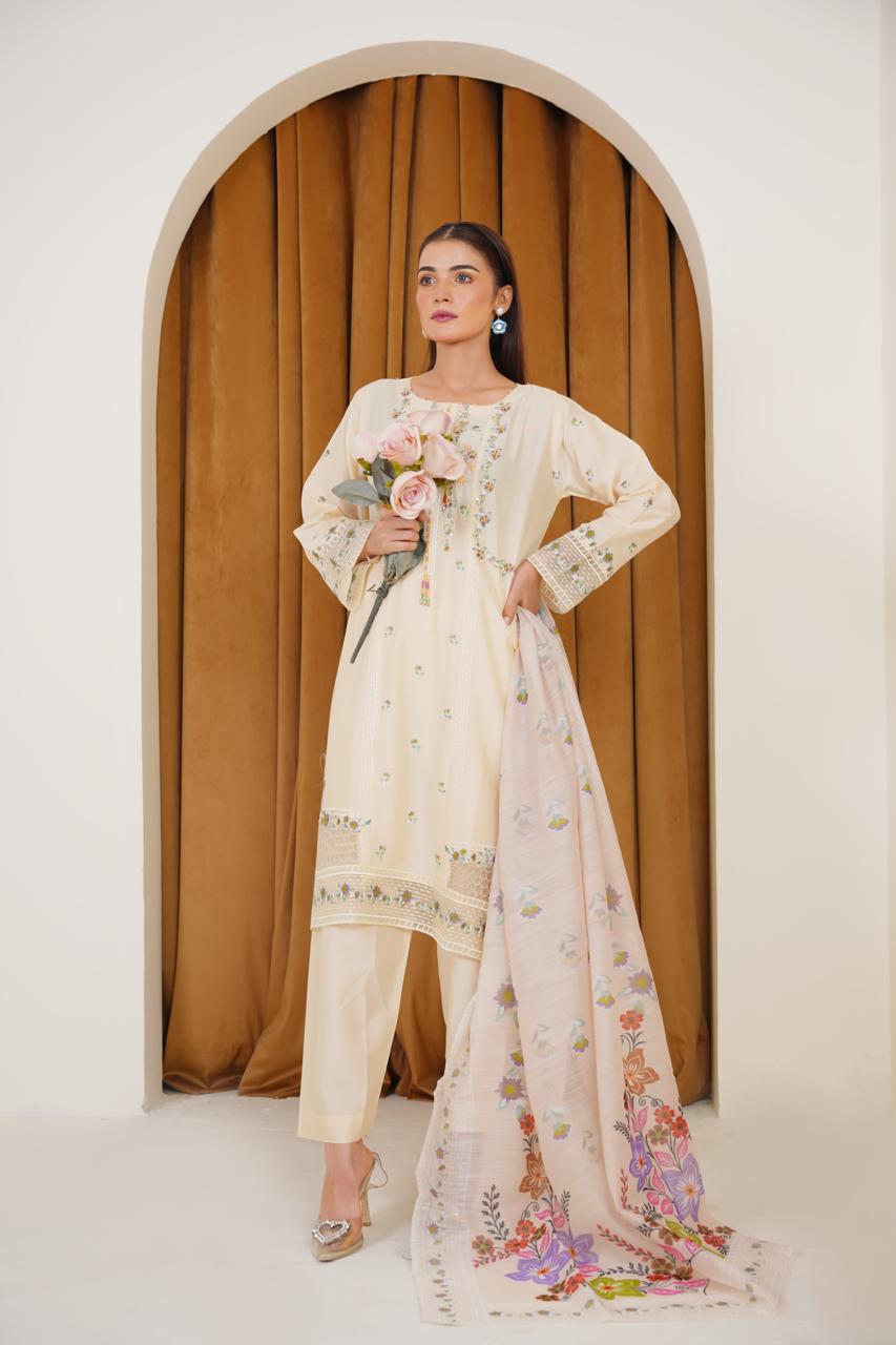 Cream Whisper  03 PC  Embroidered