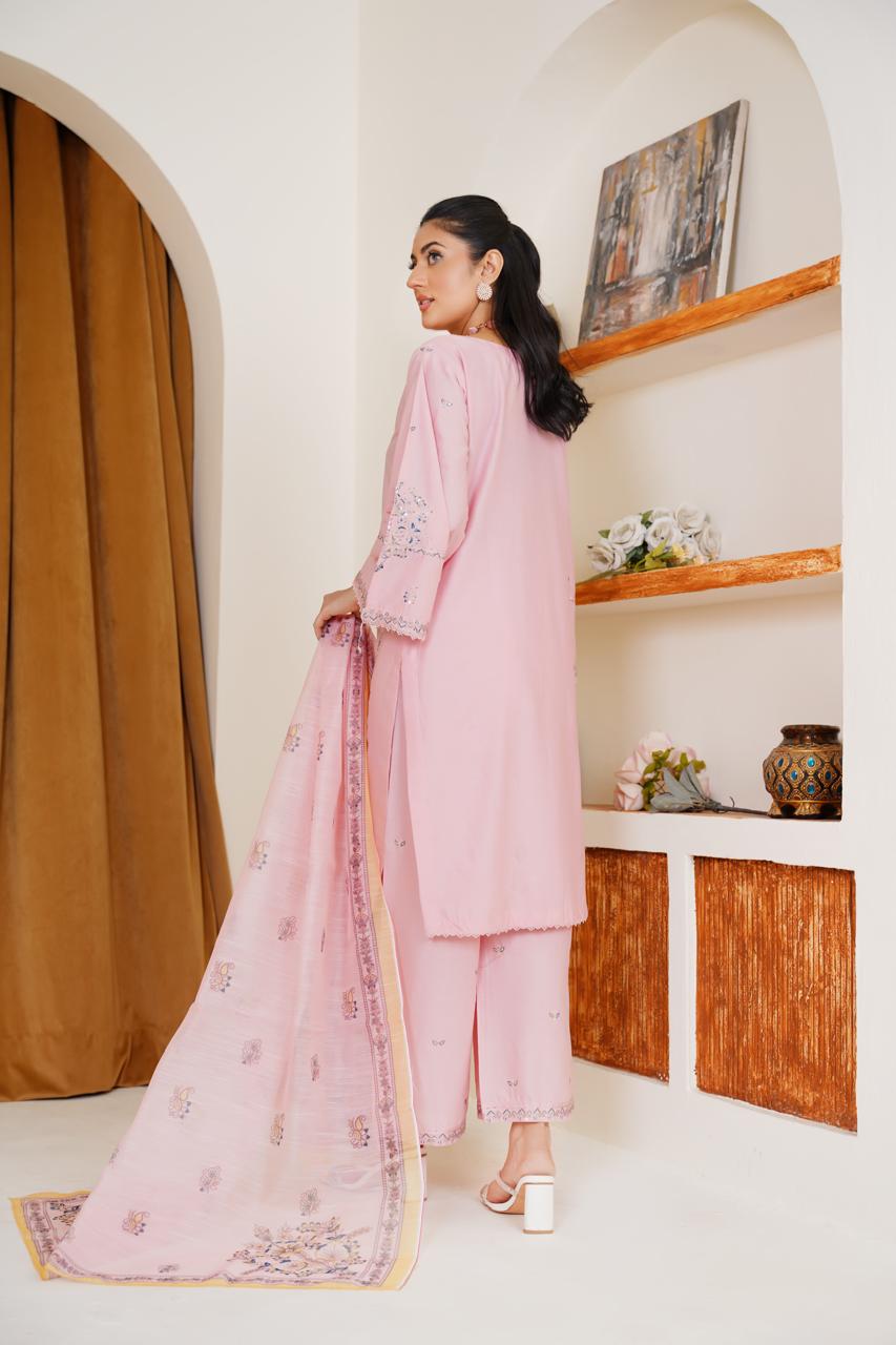 Pink Veil  03 PC  Embroidered
