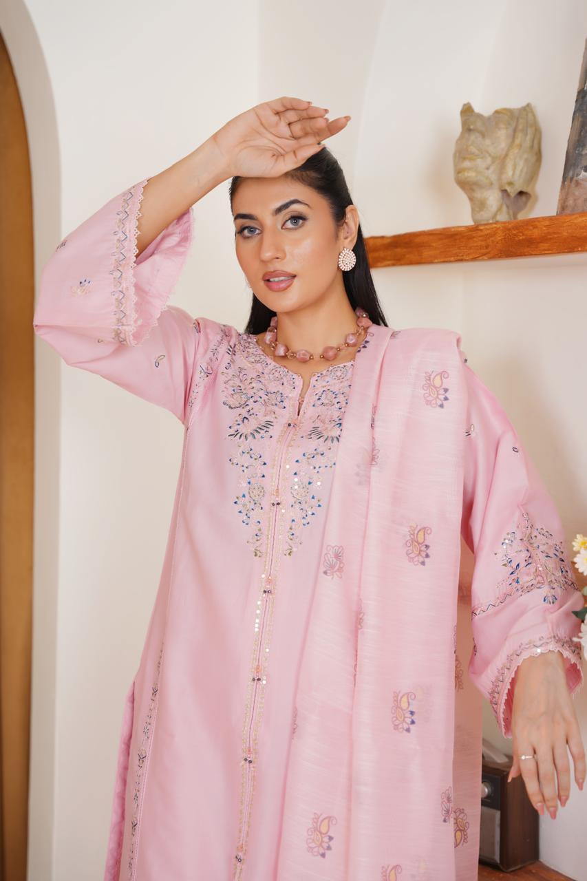Pink Veil  03 PC  Embroidered