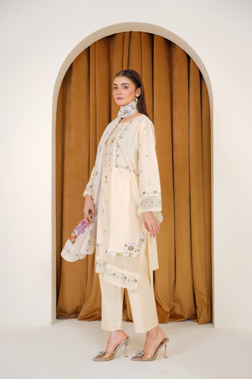 Cream Whisper  03 PC  Embroidered