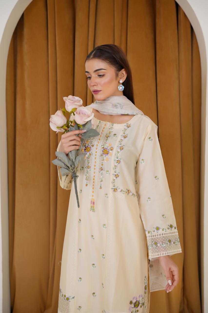 Cream Whisper  03 PC  Embroidered