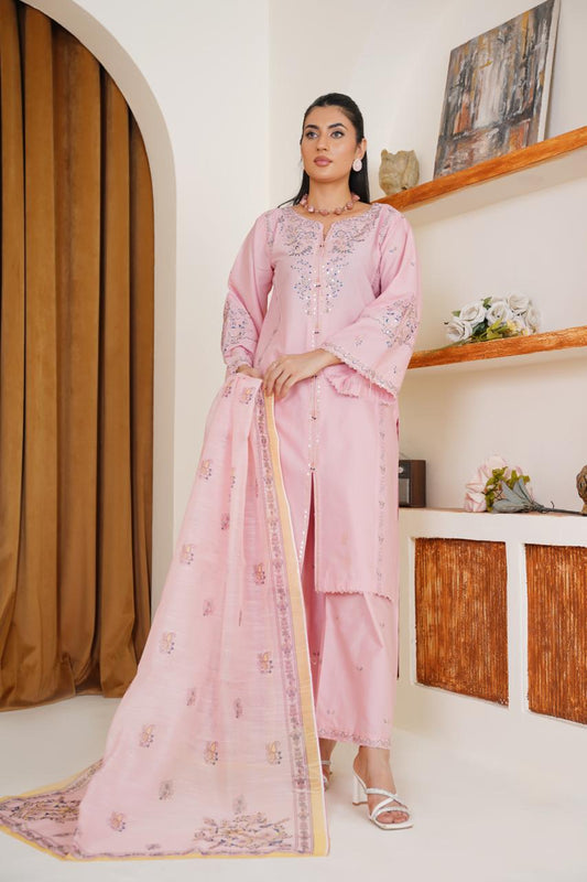 Pink Veil  03 PC  Embroidered