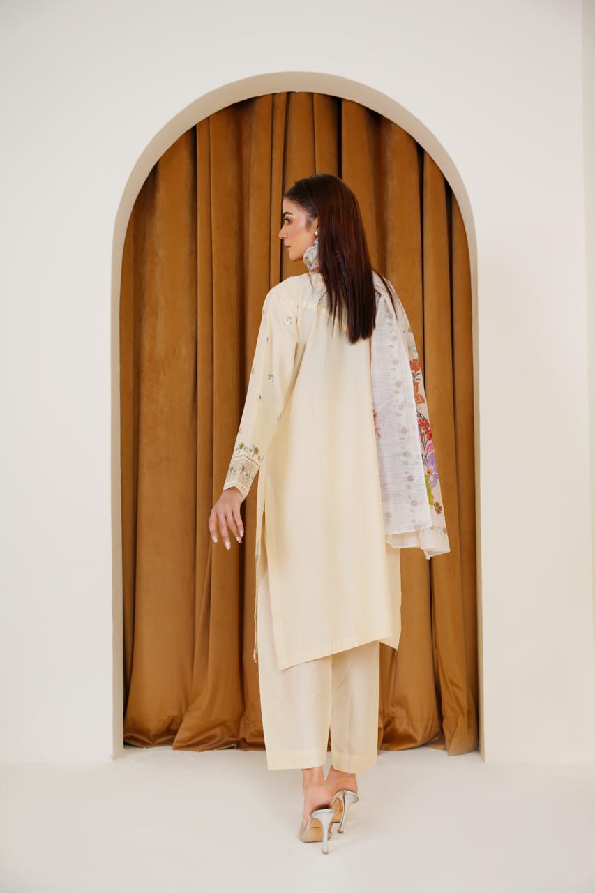 Cream Whisper  03 PC  Embroidered