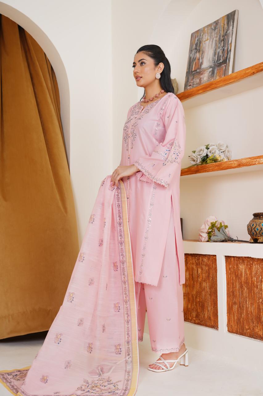 Pink Veil  03 PC  Embroidered