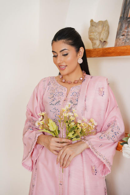 Pink Veil  03 PC  Embroidered
